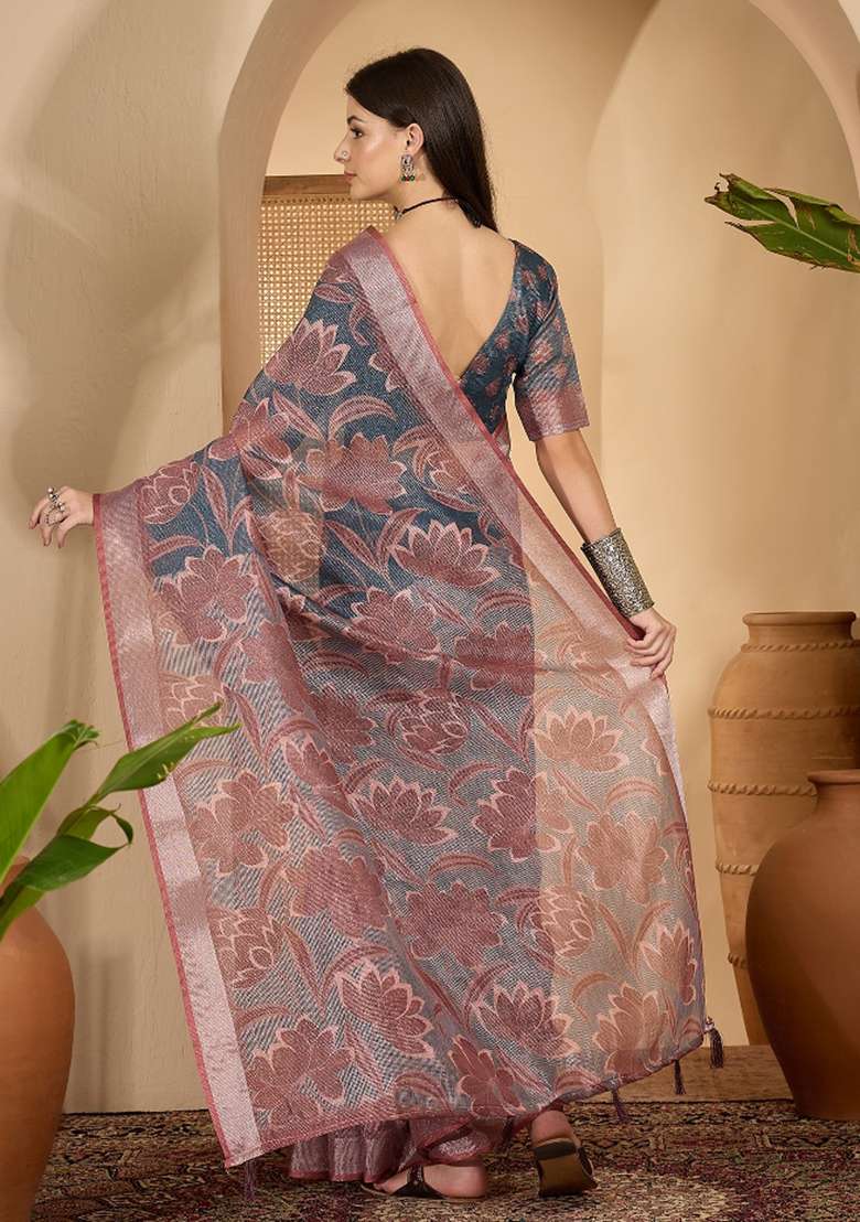 Dark Grey Printed Linen Saree Set - Indya