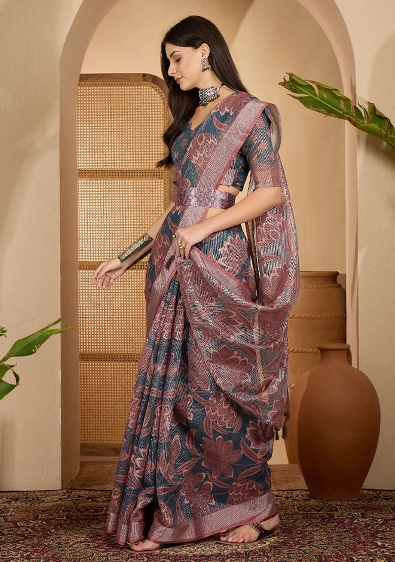 Dark Grey Printed Linen Saree Set - Indya