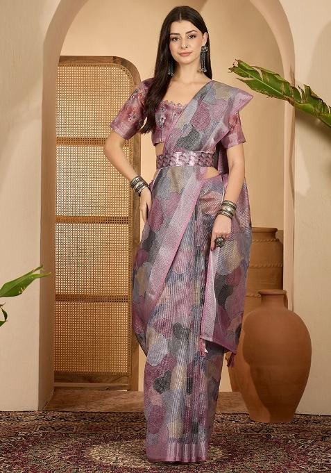Multicolour Printed Linen Saree Set
