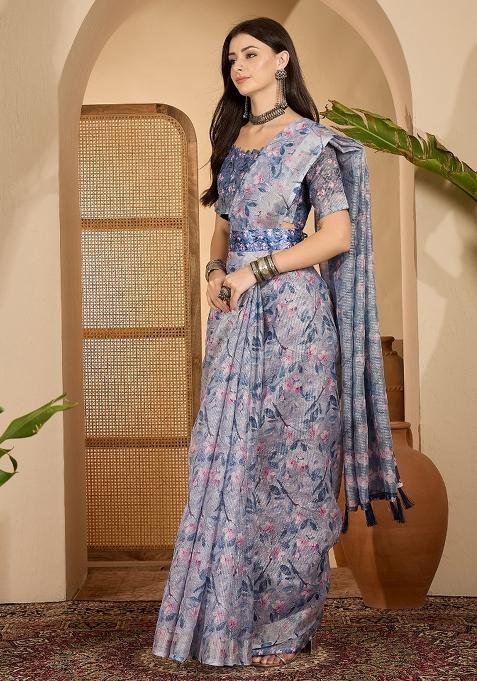 Lavender Printed Linen Saree Set