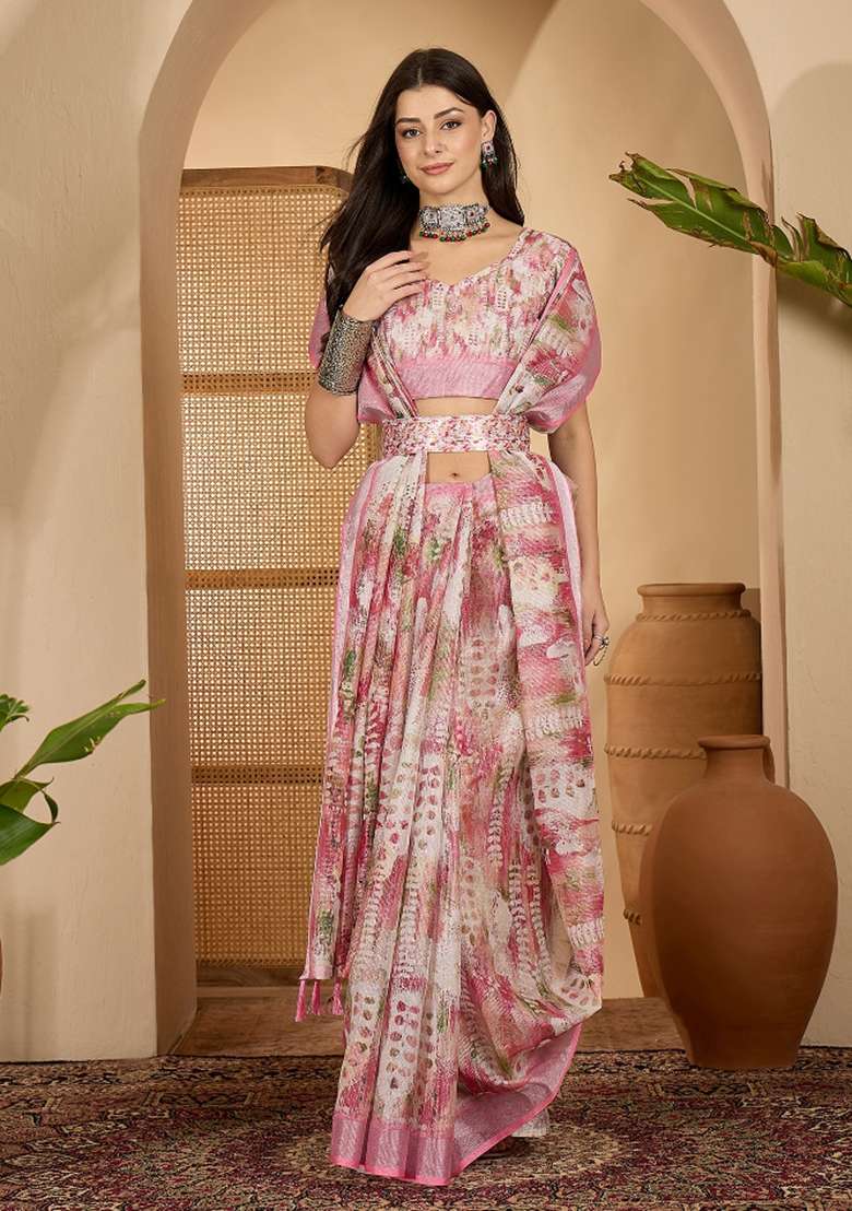 Pink Printed Linen Saree Set - Indya