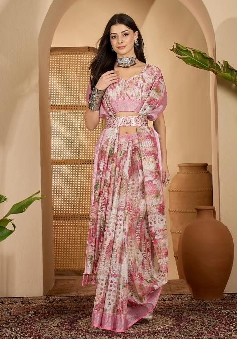 Pink Printed Linen Saree Set