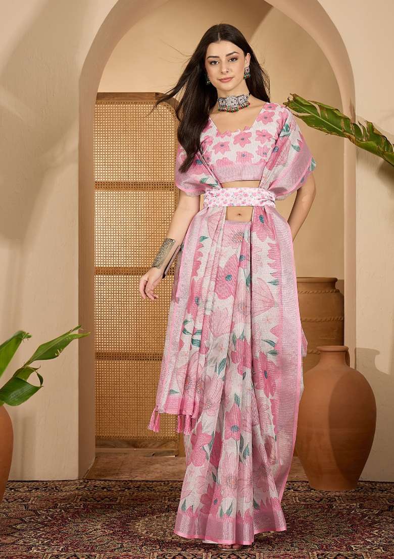 Baby Pink Printed Linen Saree Set - Indya