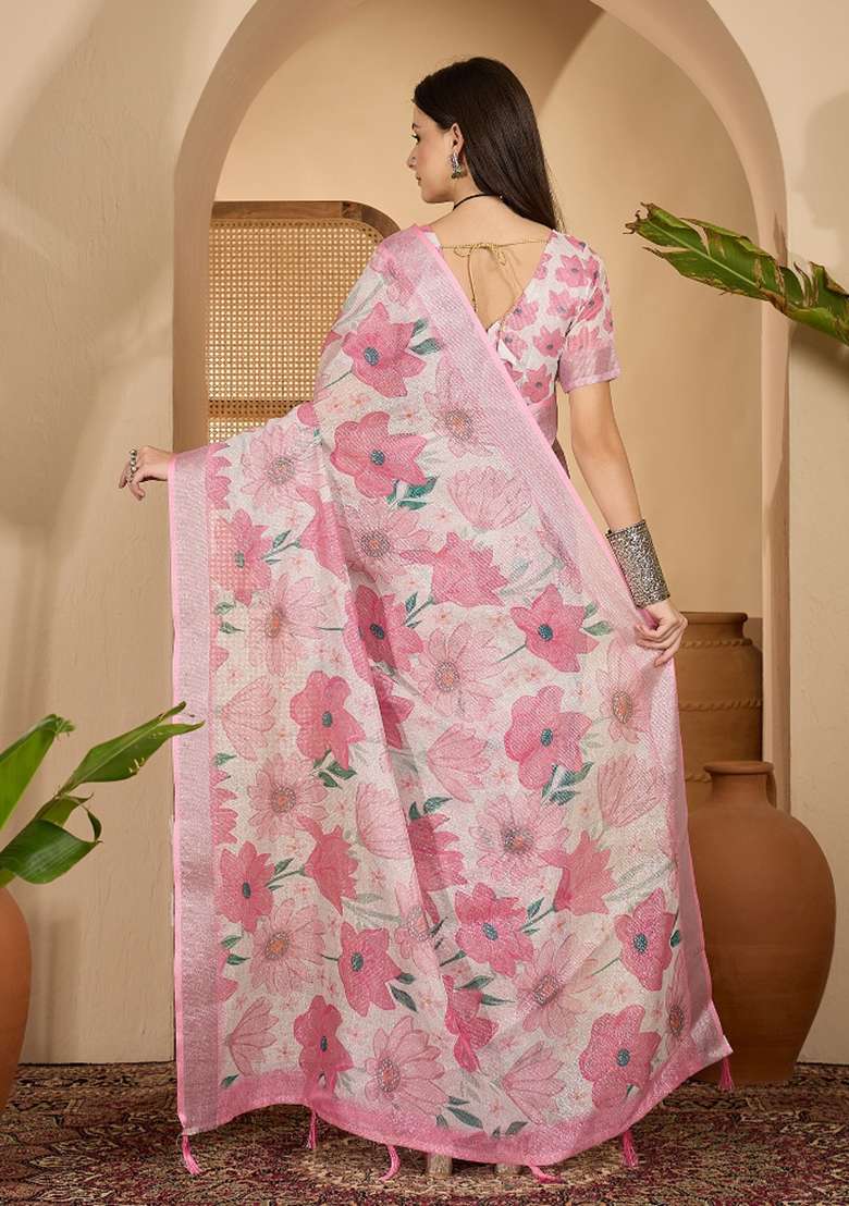 Baby Pink Printed Linen Saree Set - Indya