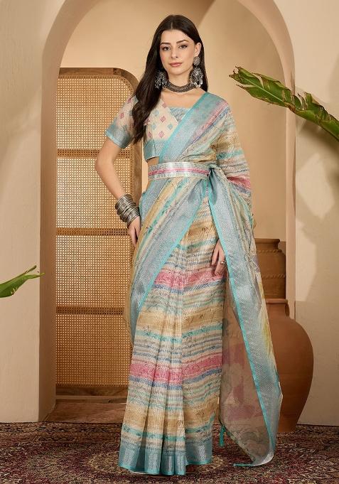 Multicolour Printed Linen Saree Set