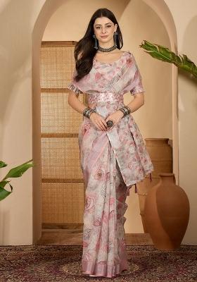 Peach Printed Linen Saree Set