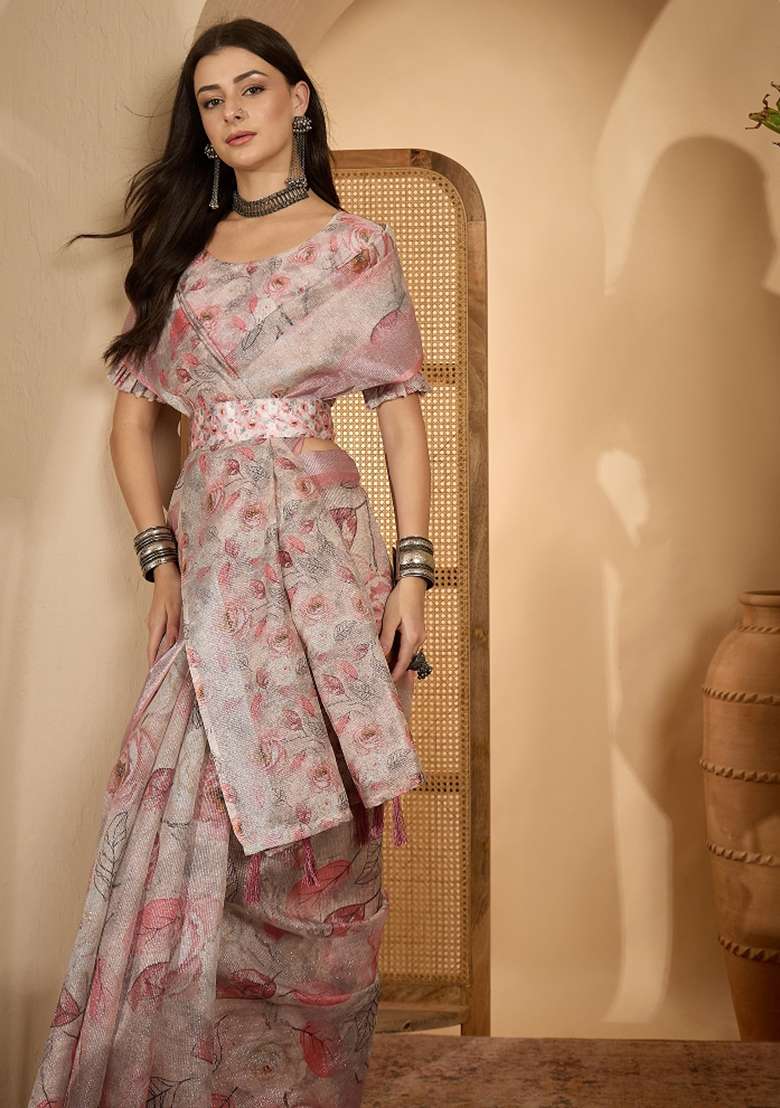 Peach Printed Linen Saree Set - Indya