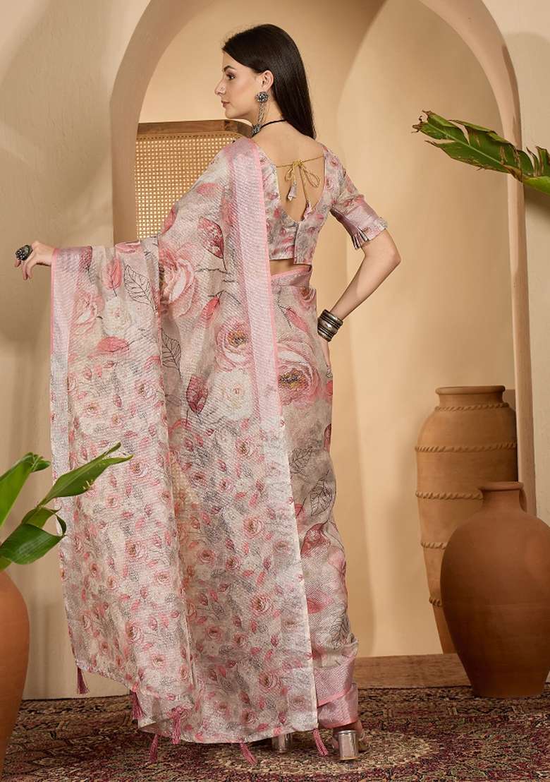 Peach Printed Linen Saree Set - Indya