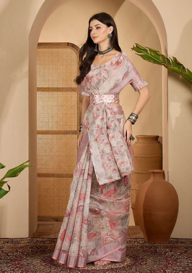 Peach Printed Linen Saree Set - Indya
