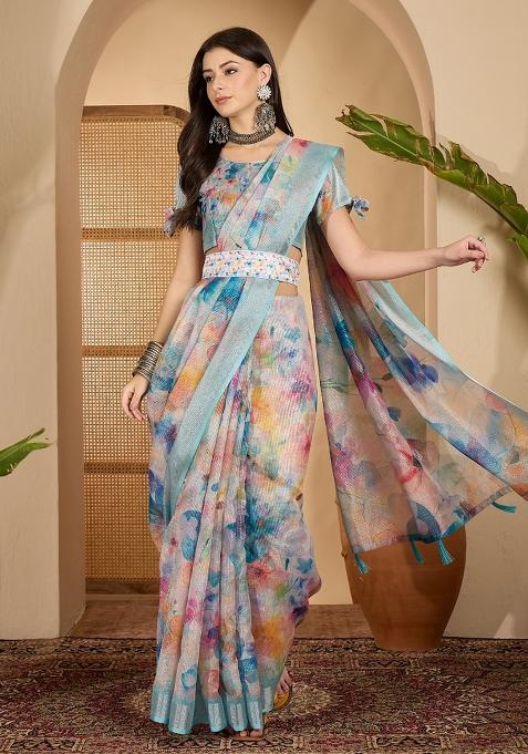 Blue Printed Linen Saree Set