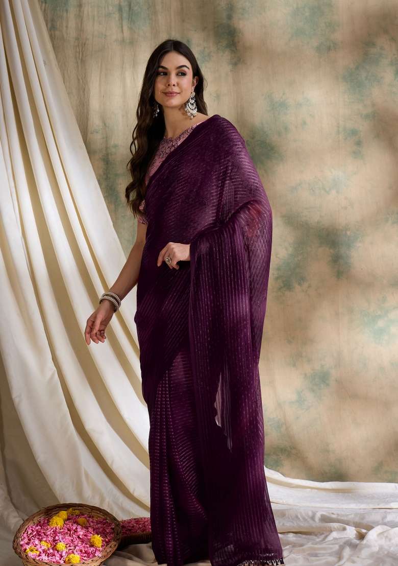 Burgundy Printed Shimmer Saree Set - Indya