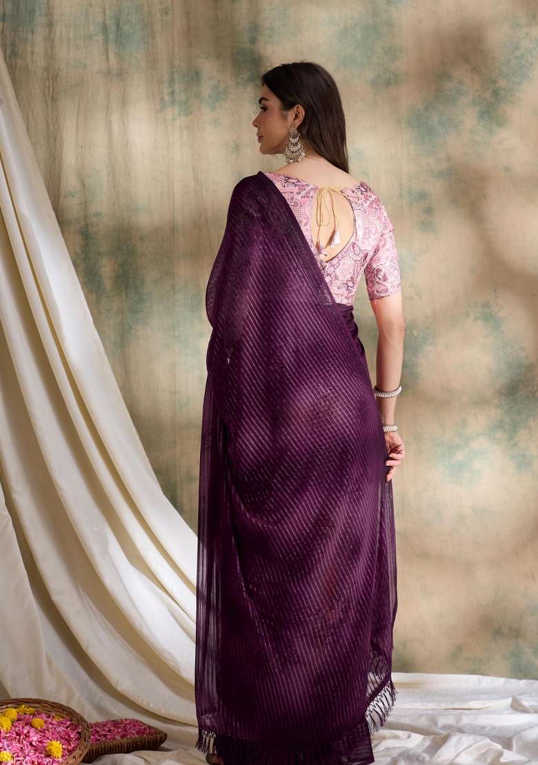 Burgundy Printed Shimmer Saree Set - Indya