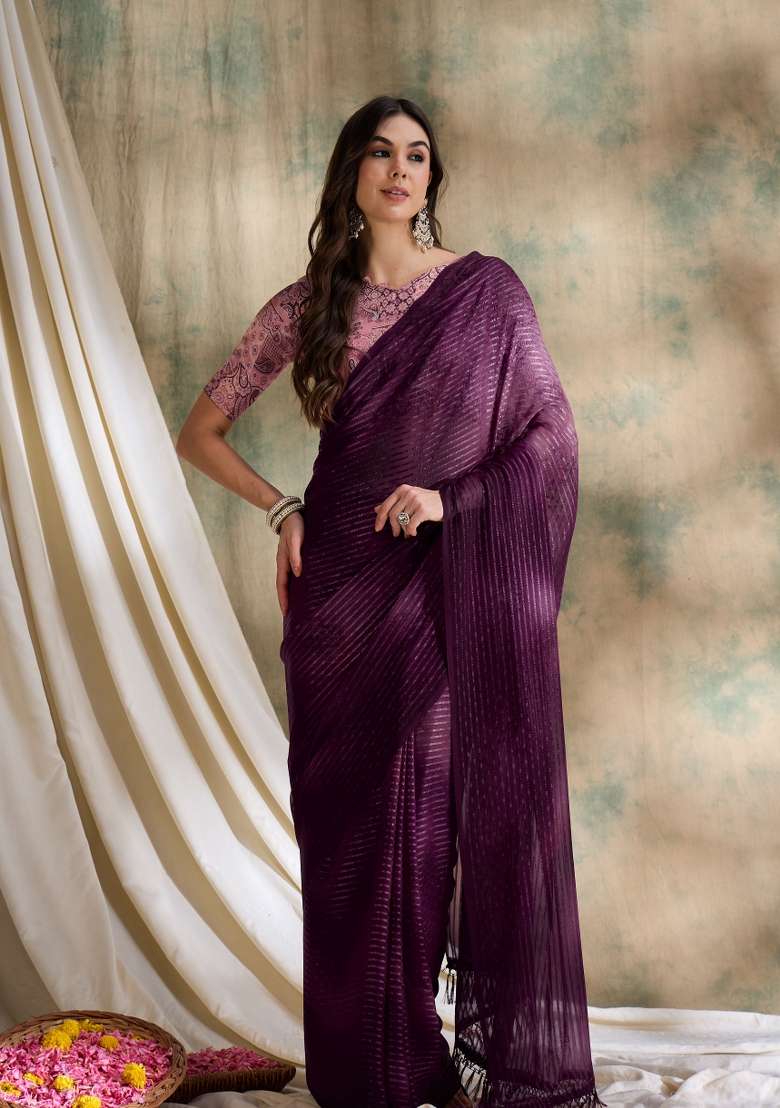 Burgundy Printed Shimmer Saree Set - Indya