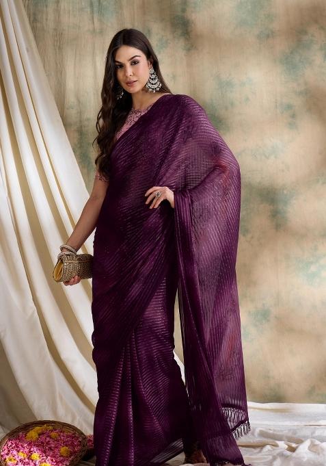Burgundy Printed Shimmer Saree Set — view on Indya