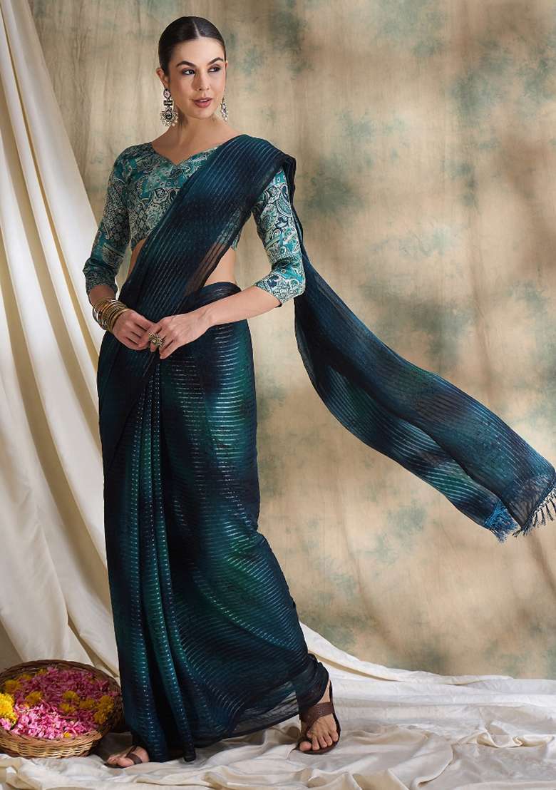 Teal Printed Shimmer Saree Set - Indya