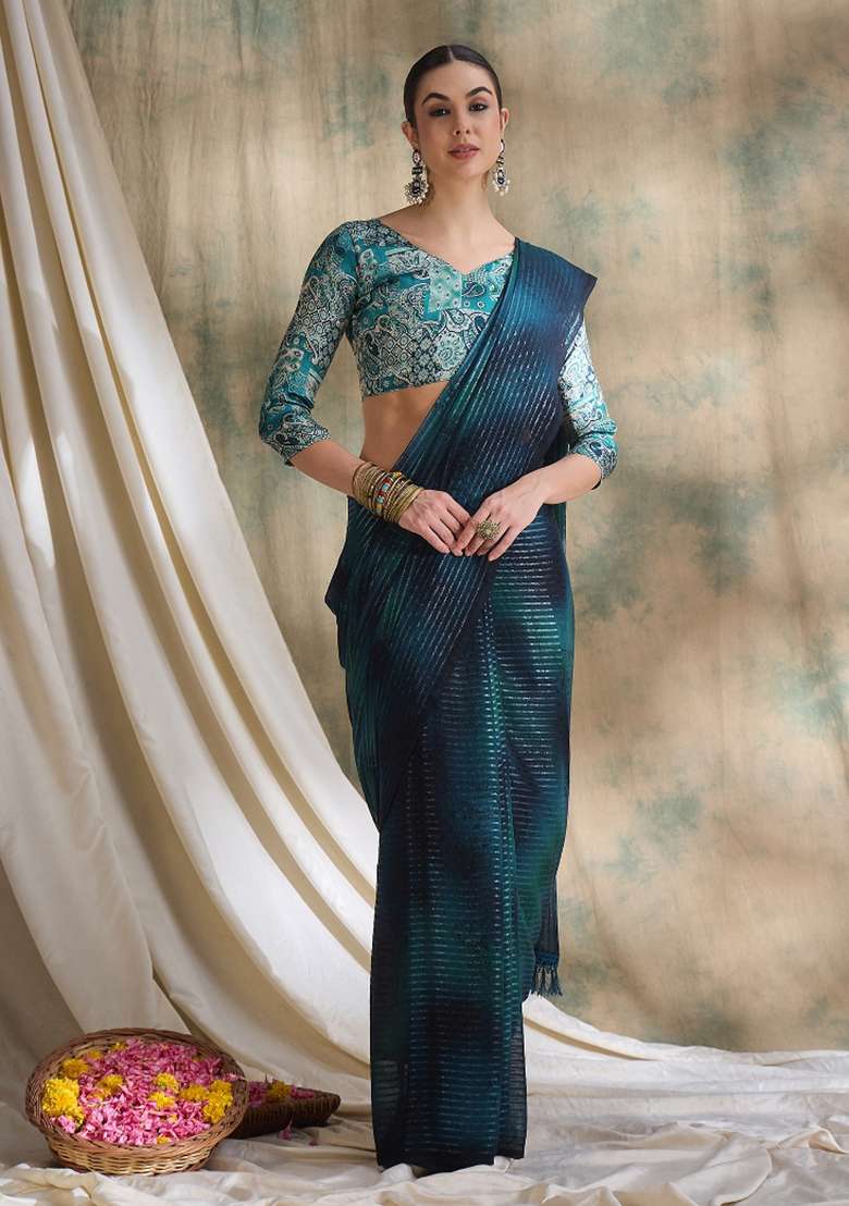 Teal Printed Shimmer Saree Set - Indya