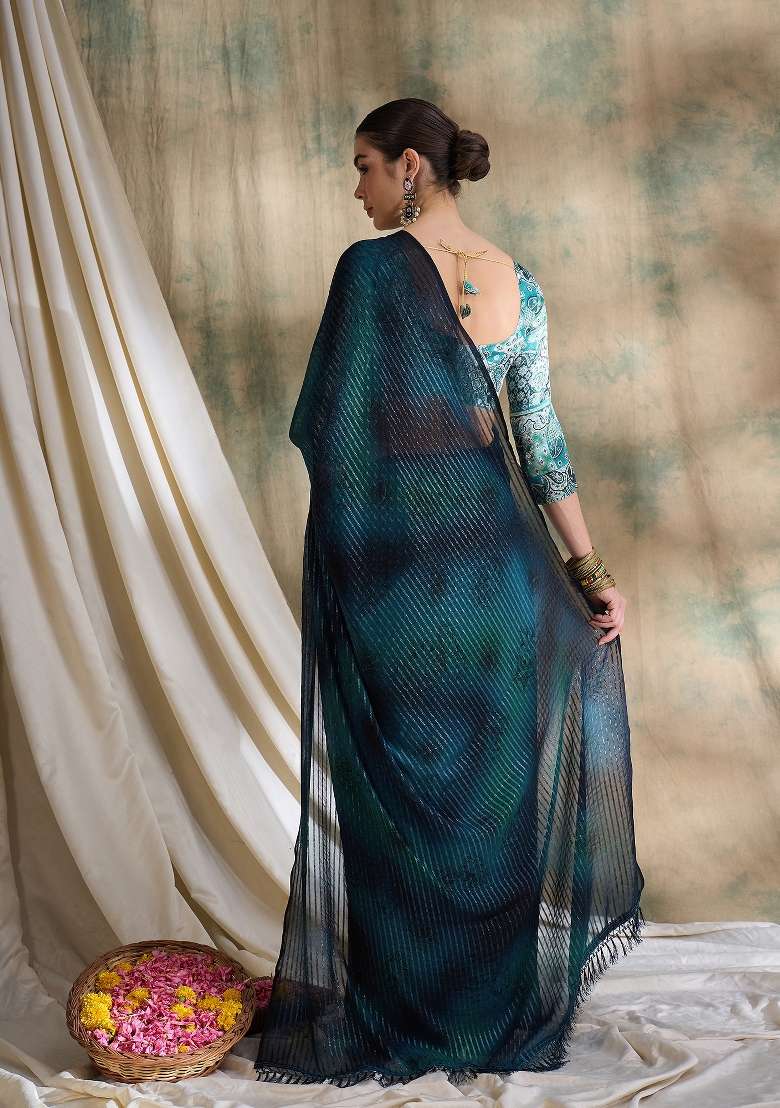 Teal Printed Shimmer Saree Set - Indya