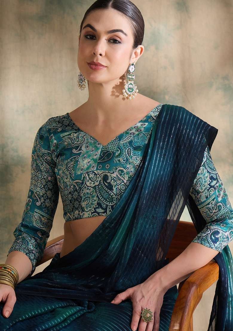 Teal Printed Shimmer Saree Set - Indya