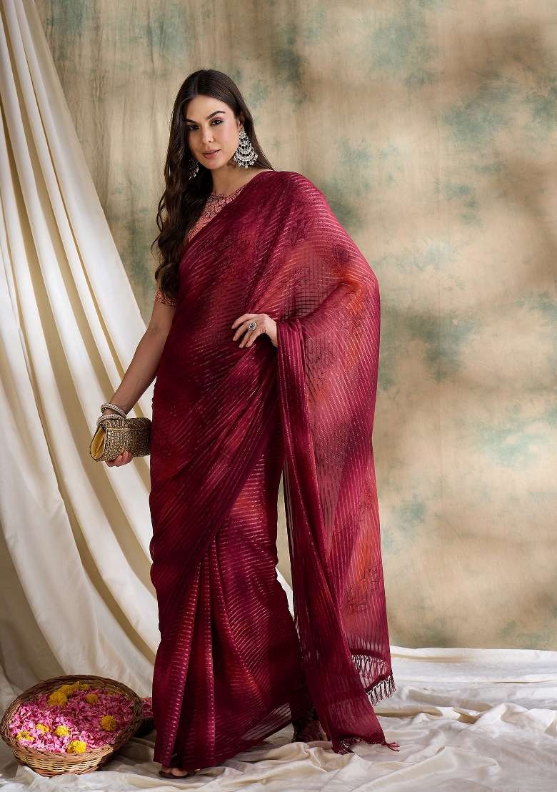 Red Printed Shimmer Saree Set - Indya