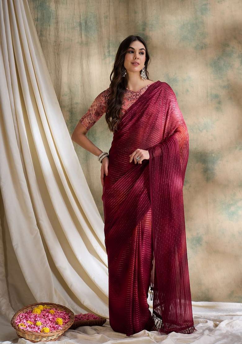 Red Printed Shimmer Saree Set - Indya