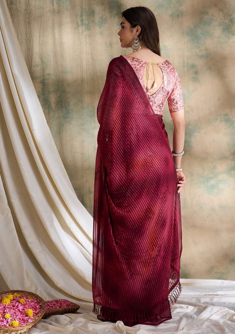 Red Printed Shimmer Saree Set - Indya