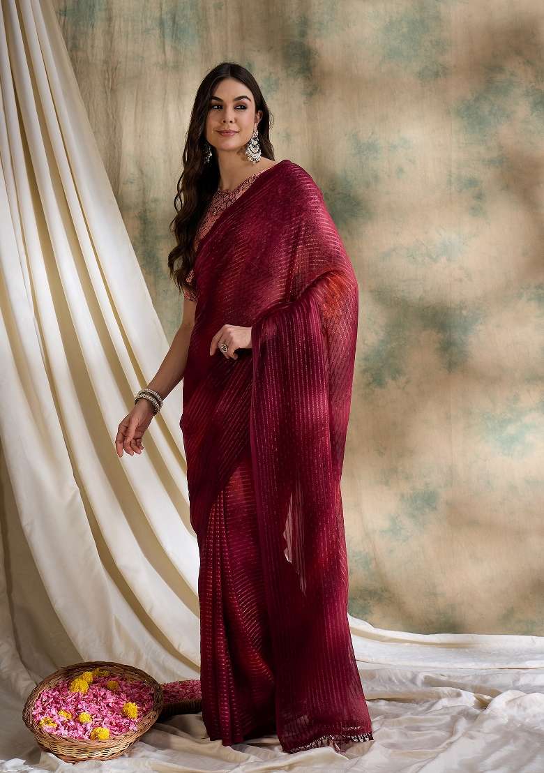 Red Printed Shimmer Saree Set - Indya