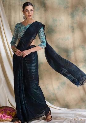 Navy Blue Printed Shimmer Saree Set