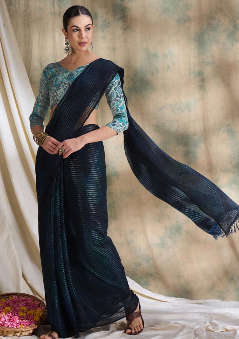 Navy Blue Printed Shimmer Saree Set - Indya