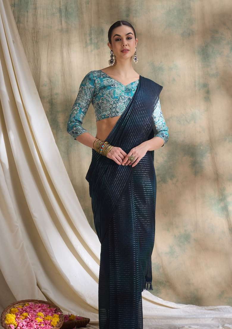 Navy Blue Printed Shimmer Saree Set - Indya