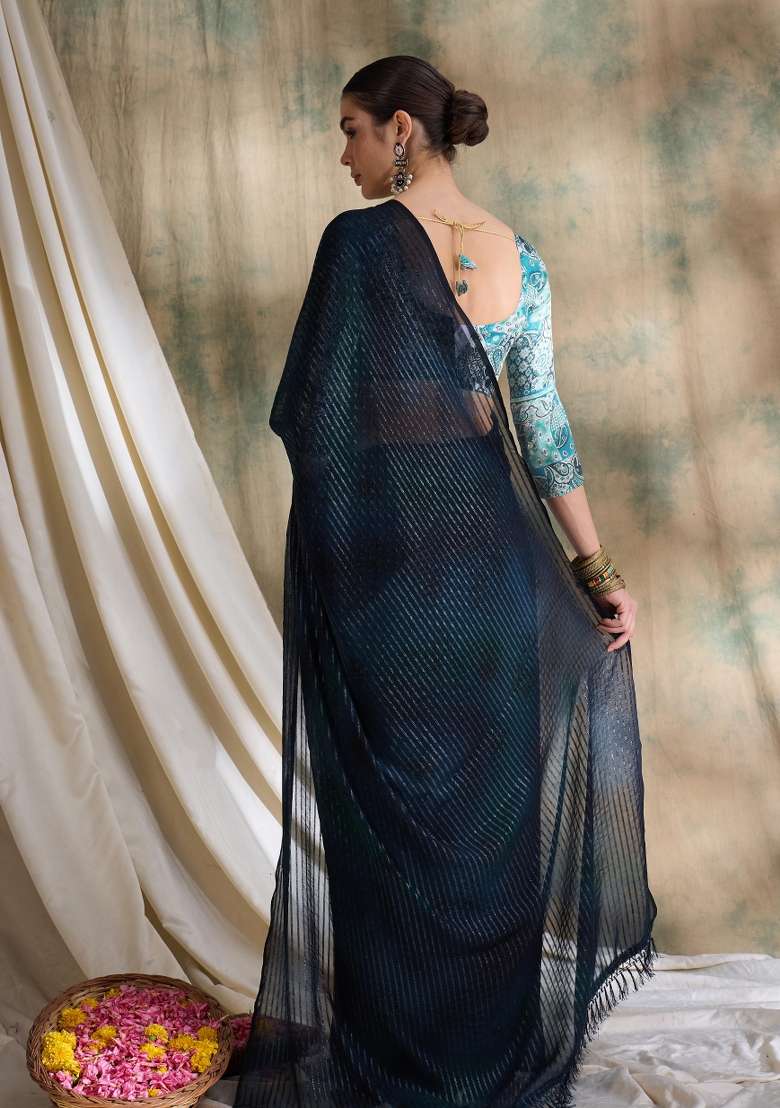 Navy Blue Printed Shimmer Saree Set - Indya