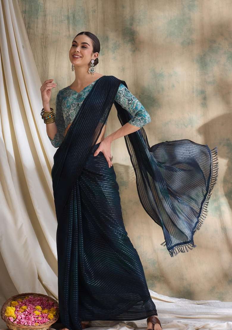 Navy Blue Printed Shimmer Saree Set - Indya