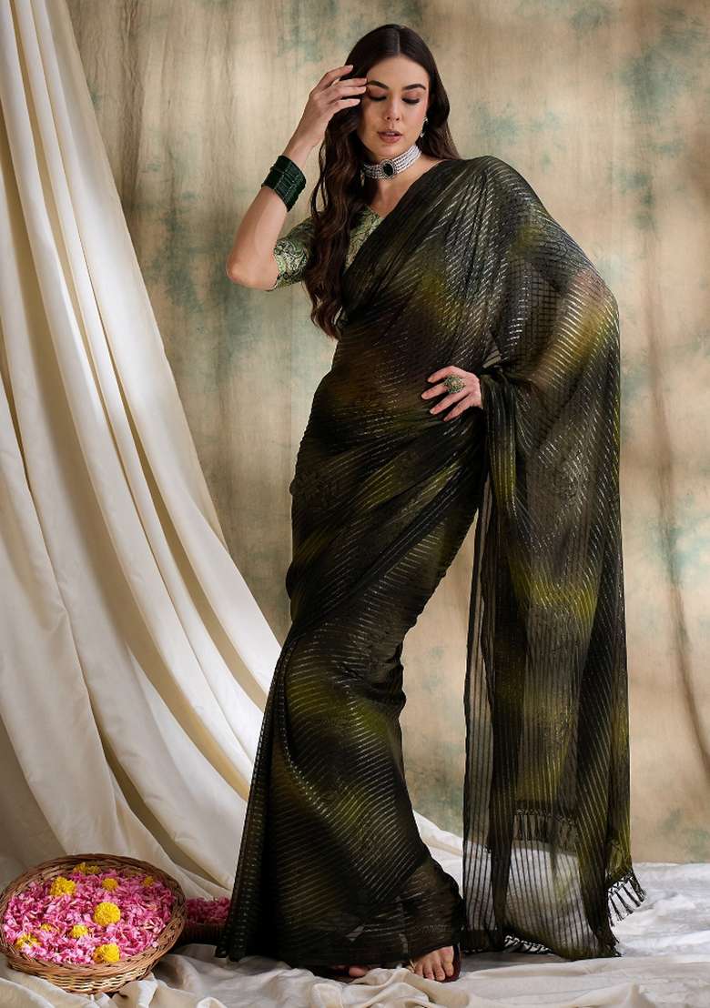 Olive Green Printed Shimmer Saree Set - Indya