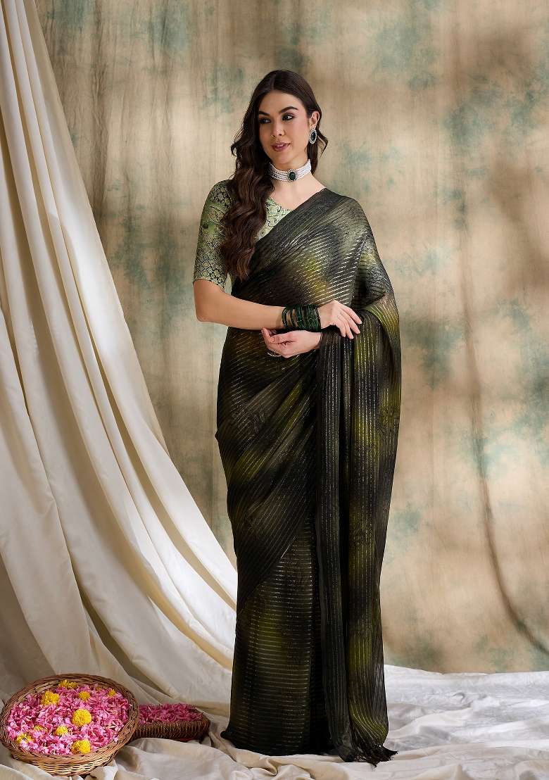 Olive Green Printed Shimmer Saree Set - Indya