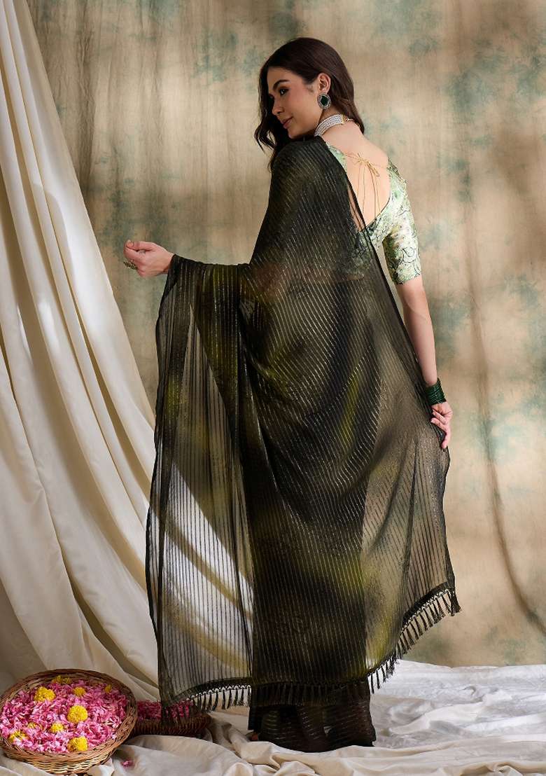 Olive Green Printed Shimmer Saree Set - Indya