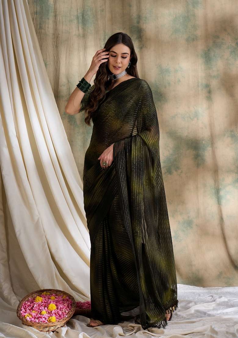 Olive Green Printed Shimmer Saree Set - Indya