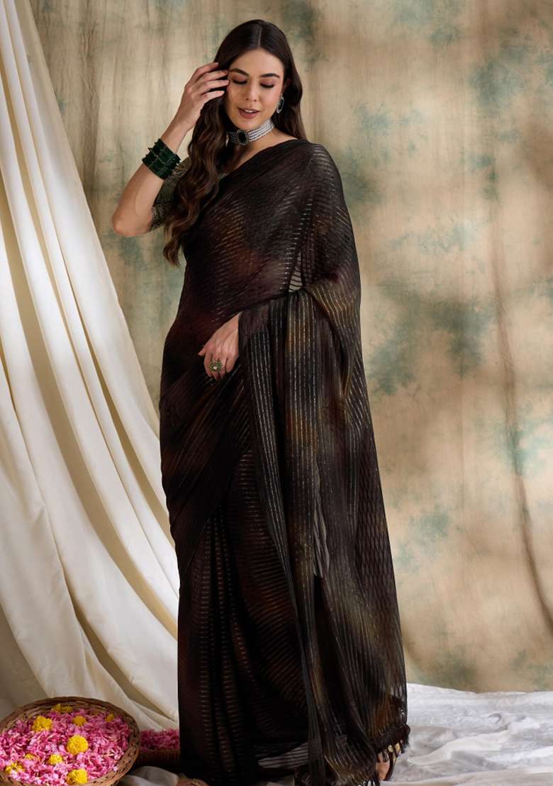 Coffee Brown Printed Shimmer Saree Set - Indya
