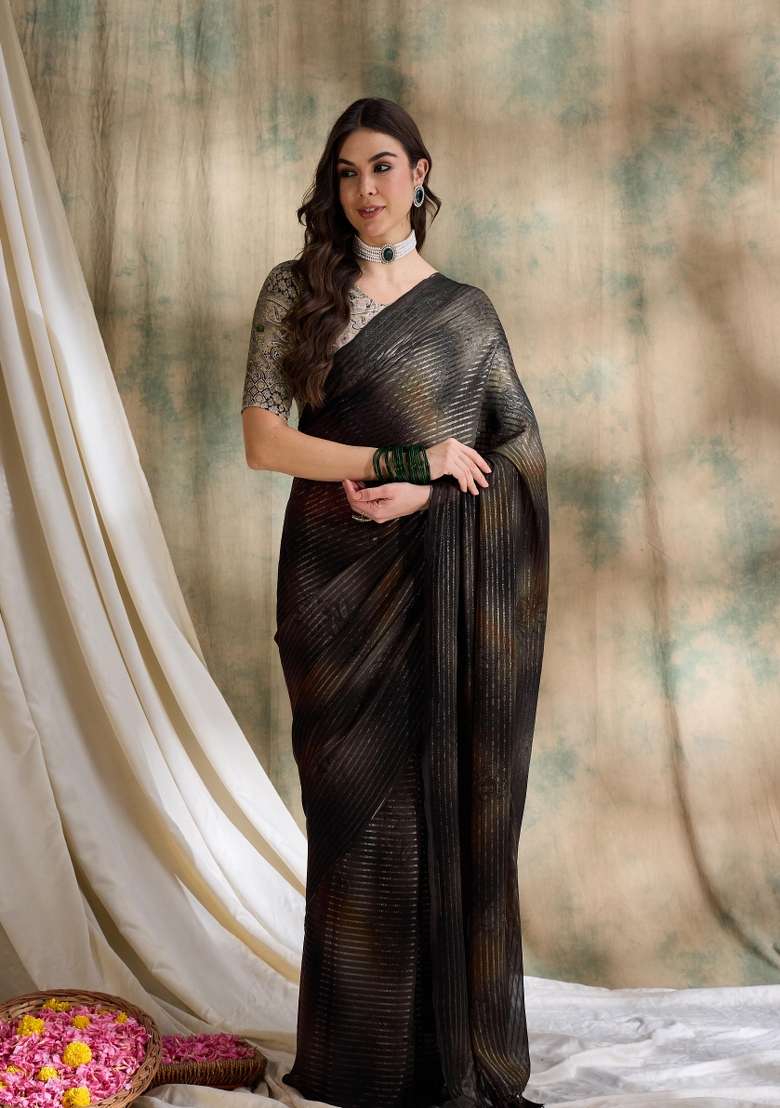 Coffee Brown Printed Shimmer Saree Set - Indya