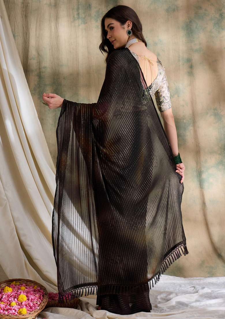 Coffee Brown Printed Shimmer Saree Set - Indya