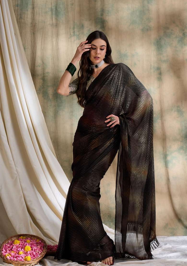 Coffee Brown Printed Shimmer Saree Set - Indya