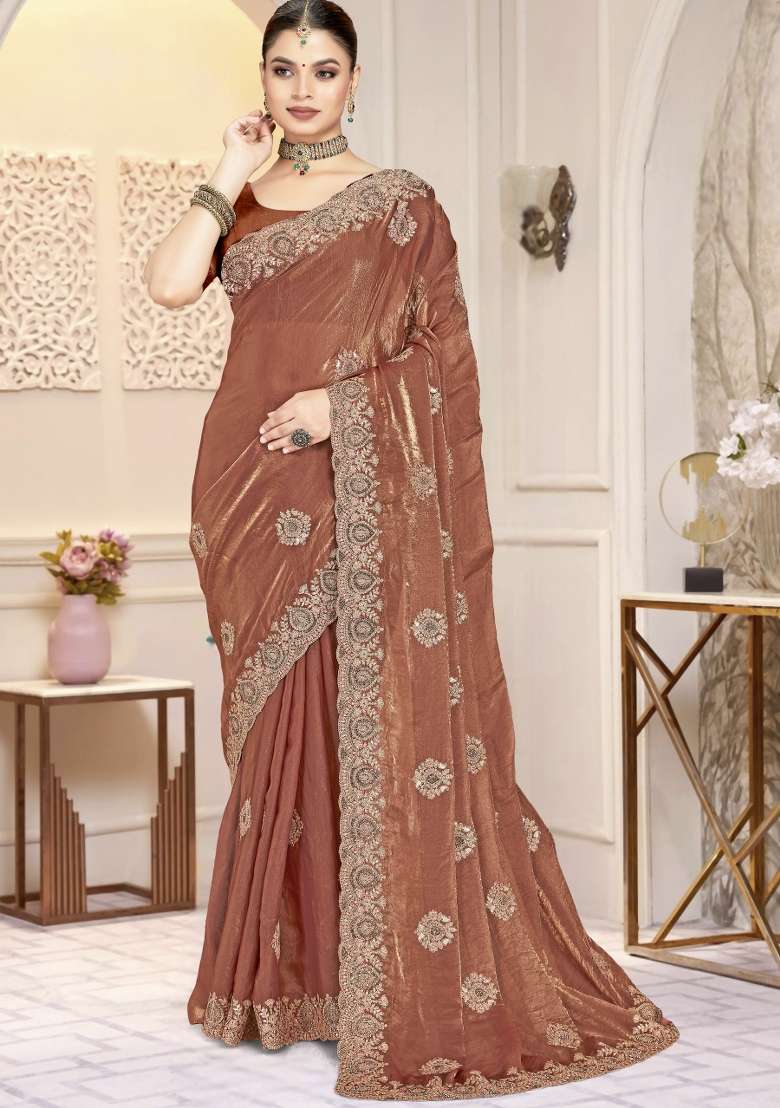Gold Silk Blend Saree Set with Embroidered for Diwali | Wedding & Festive Wear - Indya