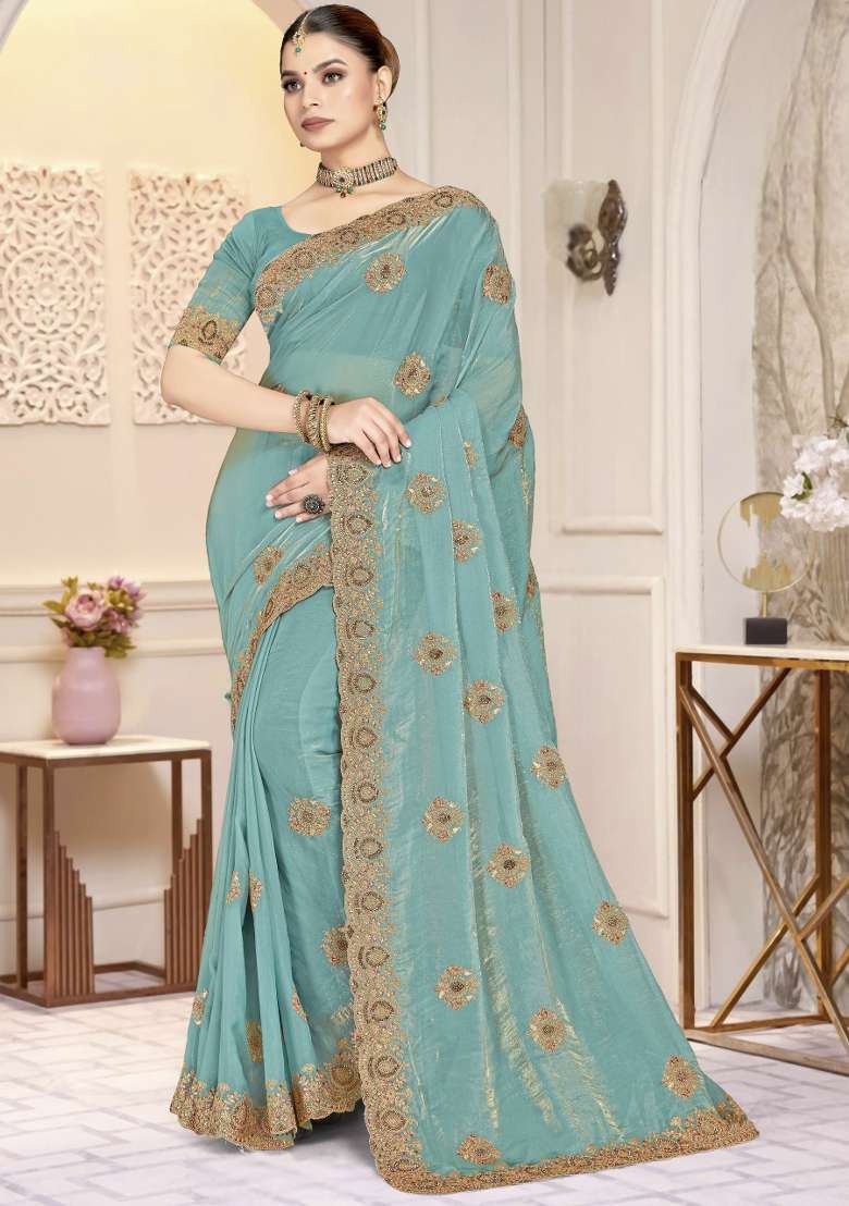 Sky Blue Embroidered Silk Blend Saree Set - Indya