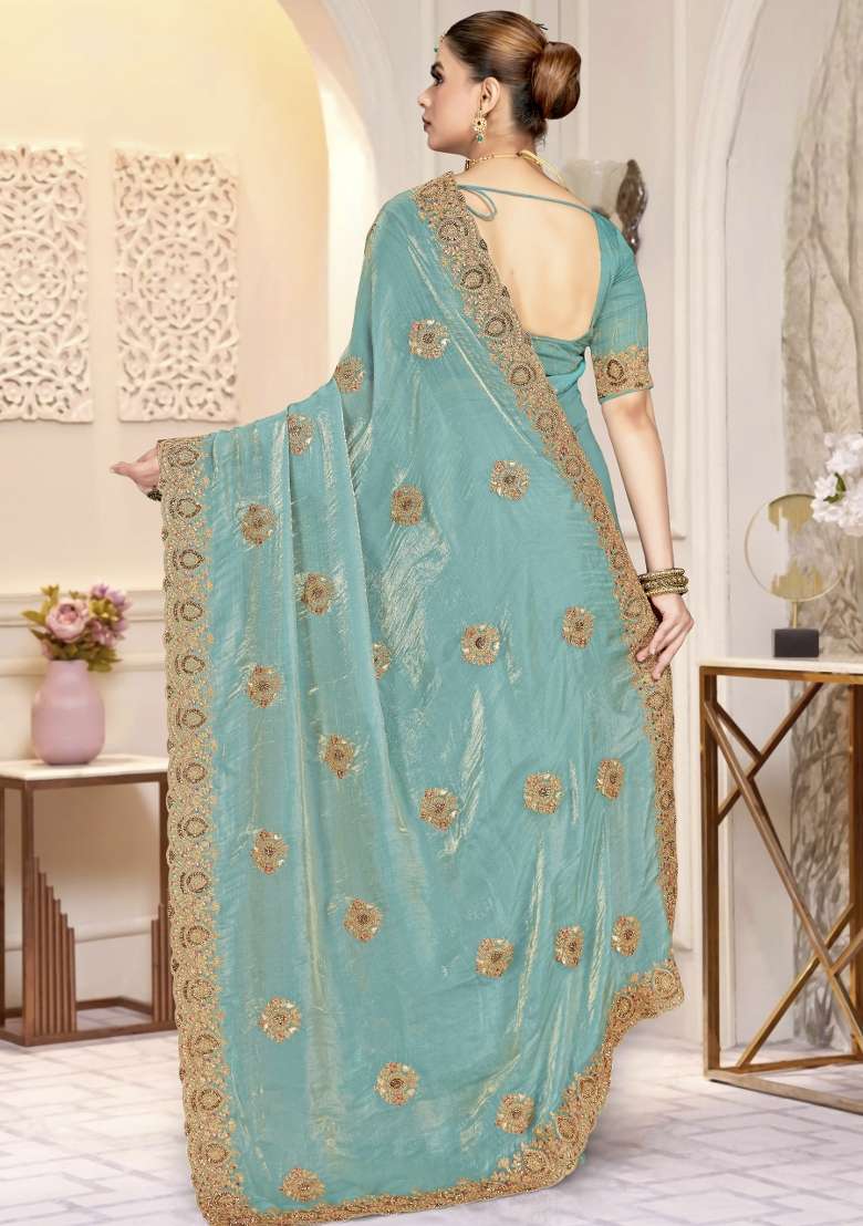 Sky Blue Embroidered Silk Blend Saree Set - Indya