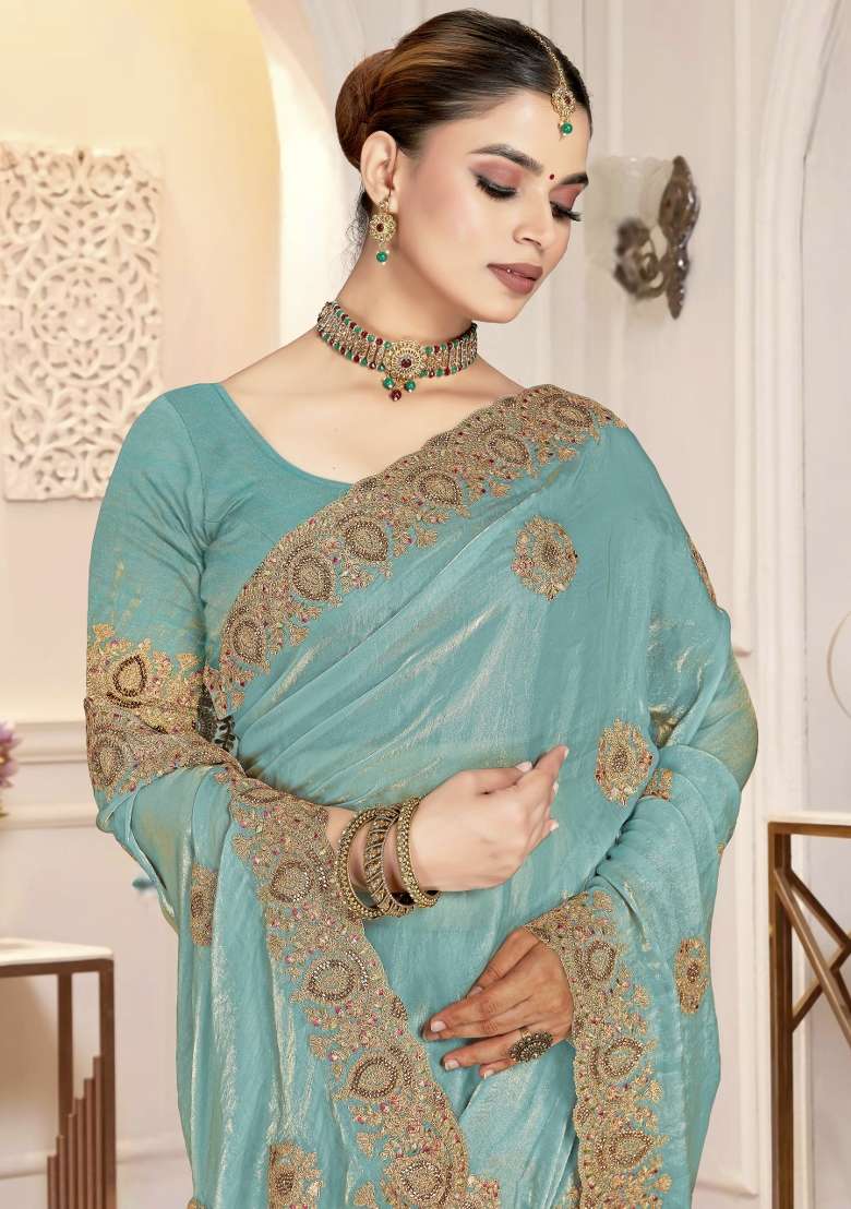 Sky Blue Embroidered Silk Blend Saree Set - Indya