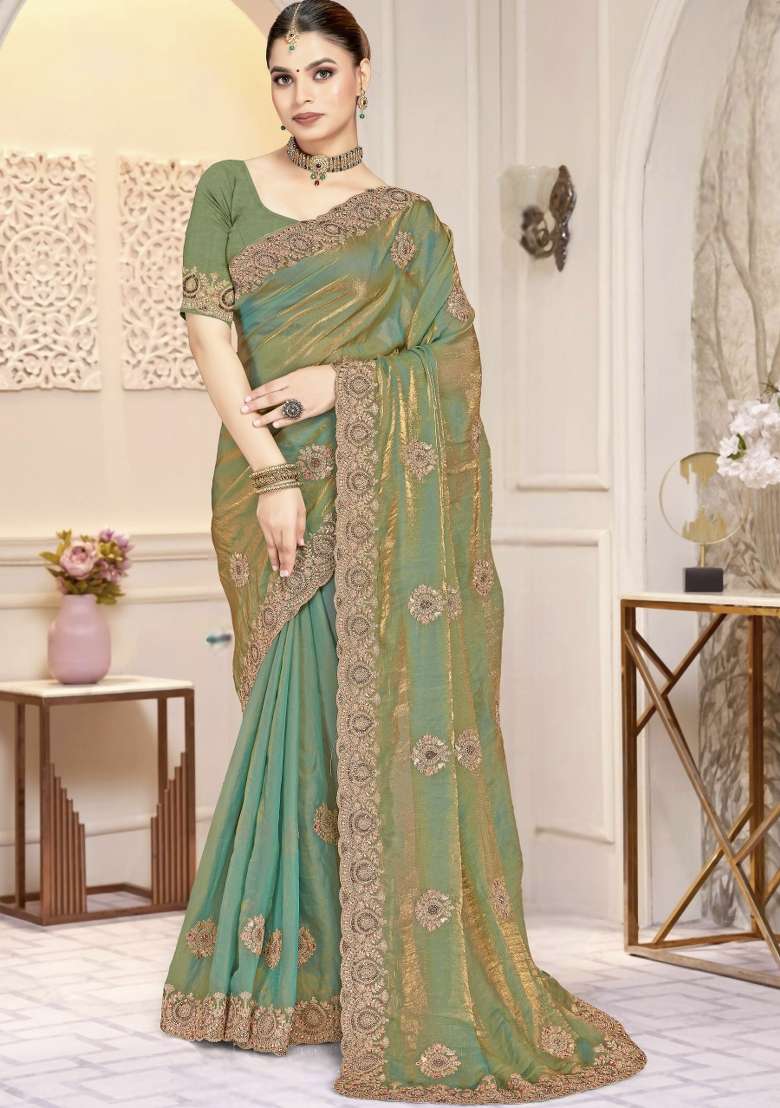 Ice Blue Embroidered Silk Blend Saree Set for Diwali and Festive Wear - Indya