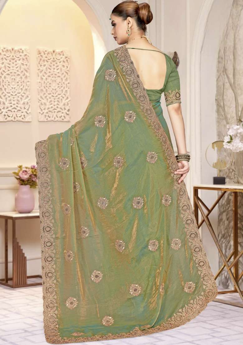 Ice Blue Embroidered Silk Blend Saree Set for Diwali and Festive Wear - Indya