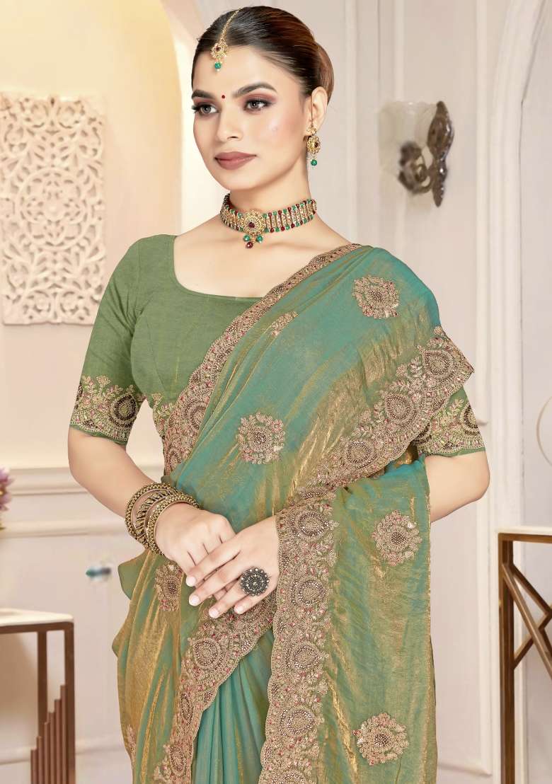 Ice Blue Embroidered Silk Blend Saree Set for Diwali and Festive Wear - Indya