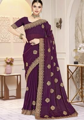 Wine Embroidered Silk Saree Set