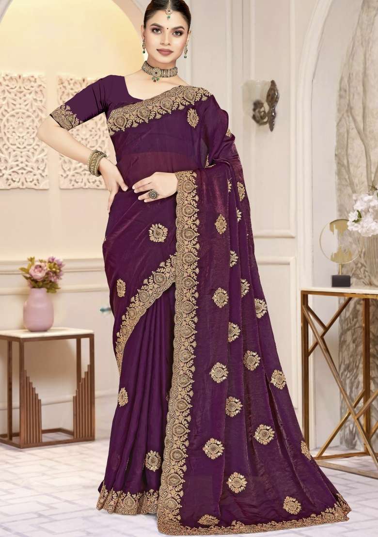 Wine Embroidered Silk Blend Saree Set for Diwali and Festive Wear - Indya