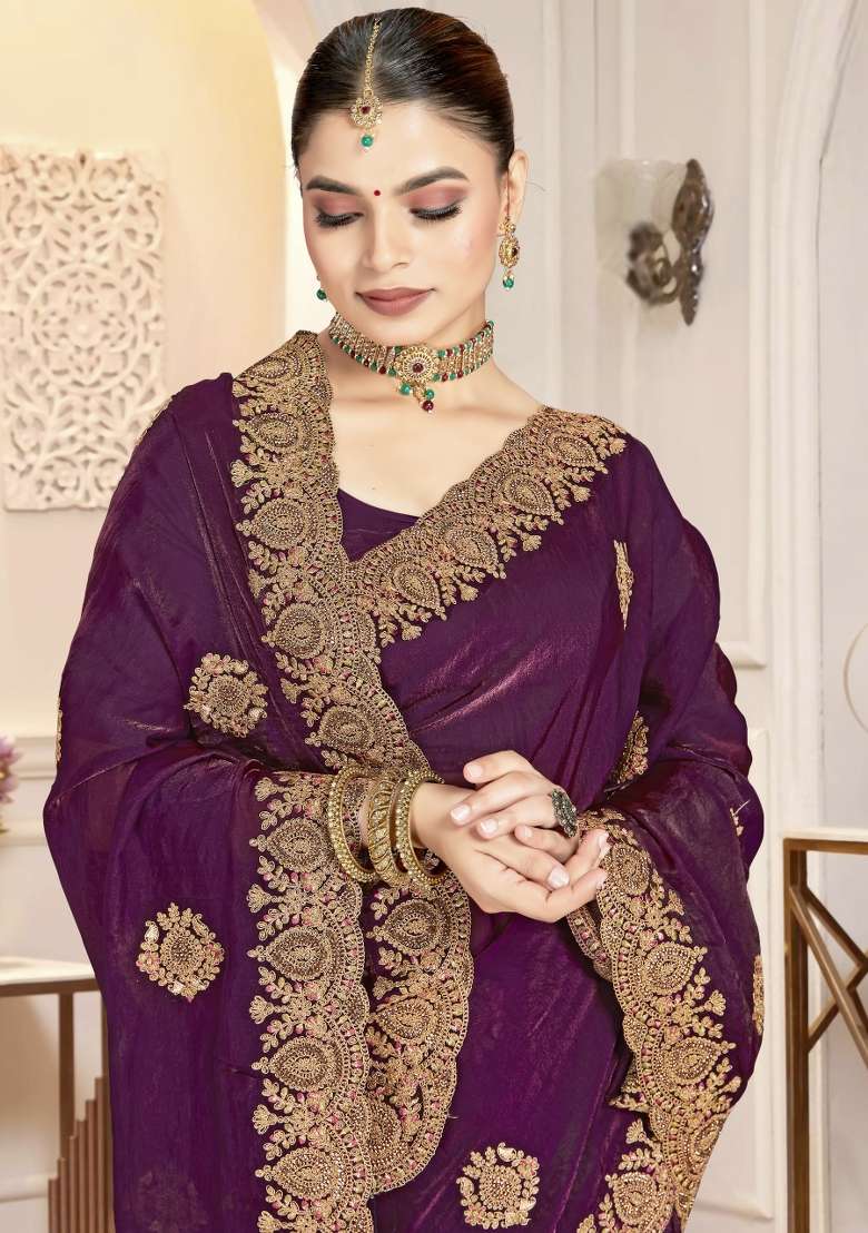 Wine Embroidered Silk Blend Saree Set for Diwali and Festive Wear - Indya
