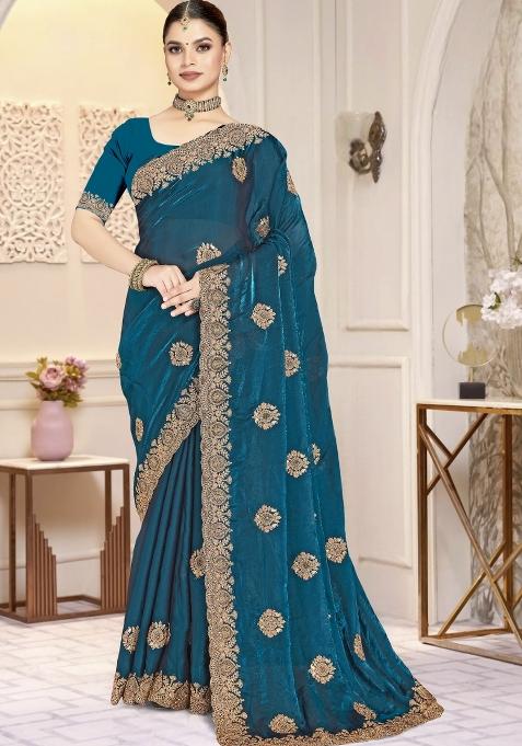 Blue Embroidered Silk Saree Set